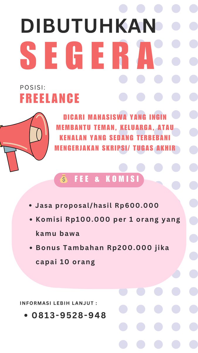 Meeaouuu's tweet photo. joki skripsi murah!!!
🎓 DIBUTUHKAN SEGERA – MAHASISWA (FREELANCE)
💰 Fee &amp; Komisi:
* Jasa proposal: Rp600.000
* Komisi: Rp100.000 / 1 orang yang kamu bawa
* Bonus: Tambahan Rp200.000 jika capai 10 orang
📲 Minat? Langsung hubungi:
0813-9528-948 https://t.co/rDEJZERoNb
