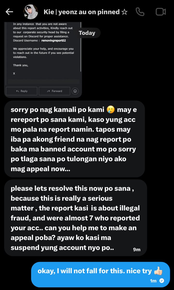 cgzb4ever's tweet photo. ‼️SCAM ALERT‼️

Someone tried to reach out to me and says that they accidentally reported my account and I needed to appeal to solve the issue. They sent me a photo and it’s obviously fake, and thankfully I am aware of this kind of scams. Pls beware of this suspicious messages. https://t.co/DL66d0xHvt
