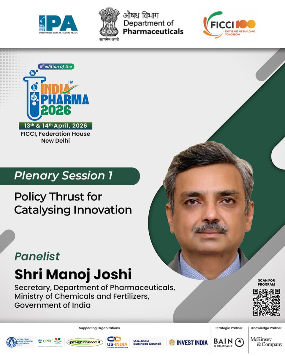 IndiaPharma2026's tweet photo. Shri Manoj Joshi, Secretary, Department of Pharmaceuticals, Ministry of Chemicals and Fertilizers, Government of India, will be speaking at Plenary Session 1: “Policy Thrust for Catalysing Innovation” at India Pharma 2026.

This session will focus on building a forward-looking policy ecosystem to drive innovation, encourage investment, and position India as a global life sciences leader.

Join the leaders shaping the future of pharma at the 9th edition of India Pharma 2026, organised by the Department of Pharmaceuticals, Government of India, in association with FICCI and the Indian Pharmaceutical Alliance (IPA).

📅 13th & 14th April 2026
📍 FICCI Federation House, New Delhi

#IndiaPharma2026 #IndiaPharma #PharmaConference #PharmaLeadership #LifeSciences