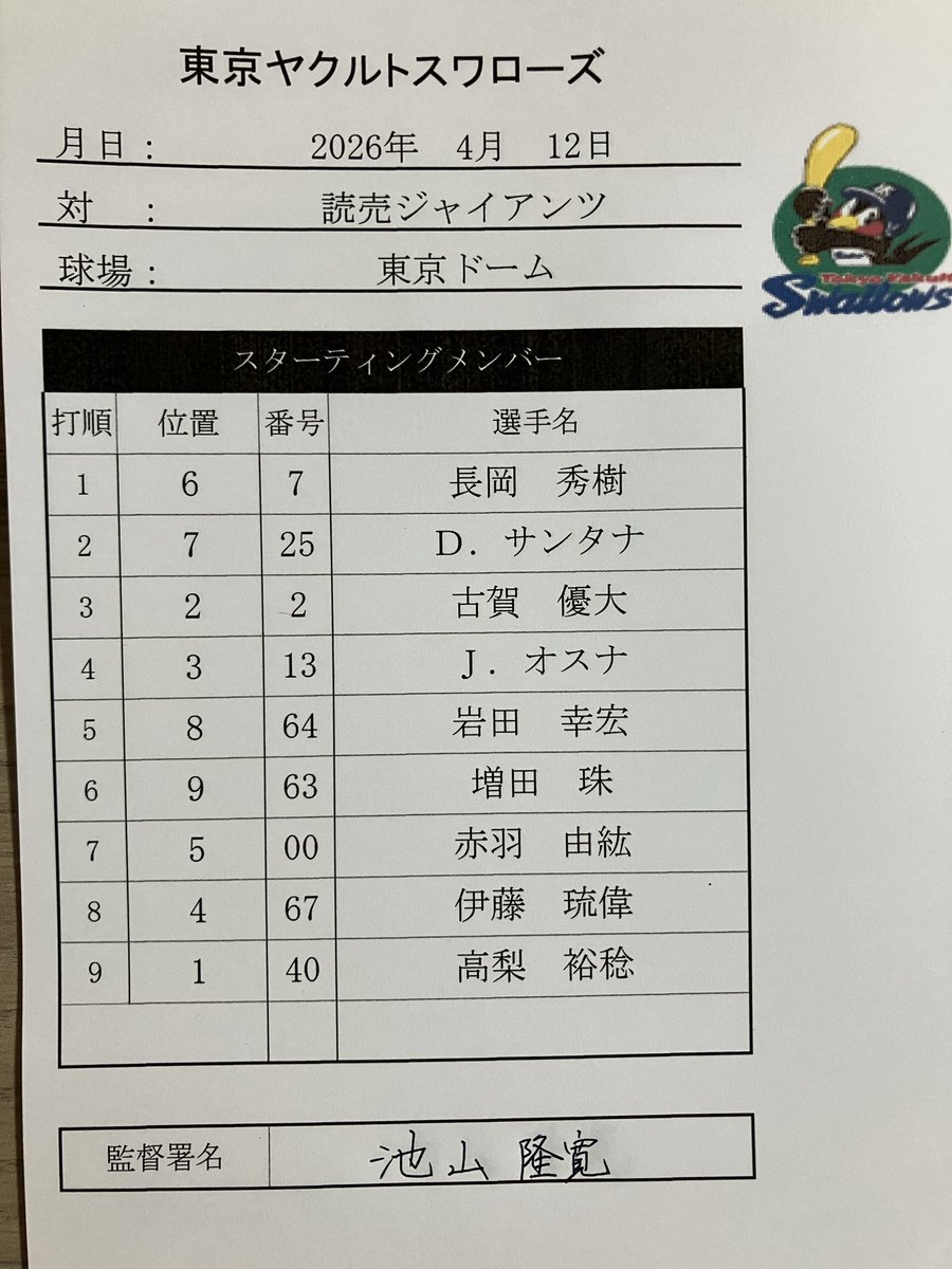 4月12日（日）
vs.読売ジャイアンツ
東京ヤクルトスワローズ
本日のスタメン
#swallows
#燕心全開