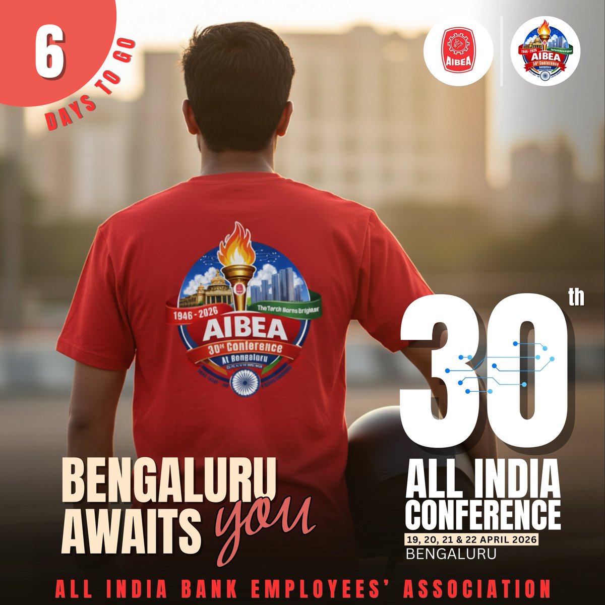 6 Days TO GO..🚩

Bengaluru Awaits You.. 

#AIBEA 
#AIBEAconference #30thConferenceAIBEA 
#Bengaluru