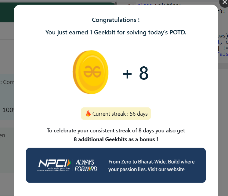 NareshPraj97599's tweet photo. 56POTD Challenge Completed on GeeksforGeeks! Current Streak: 56Day Earned: 1 Geekbit  #NPCI #geekstreak60 #geeksforgeeks #POTD https://t.co/L00kpvh7NW
