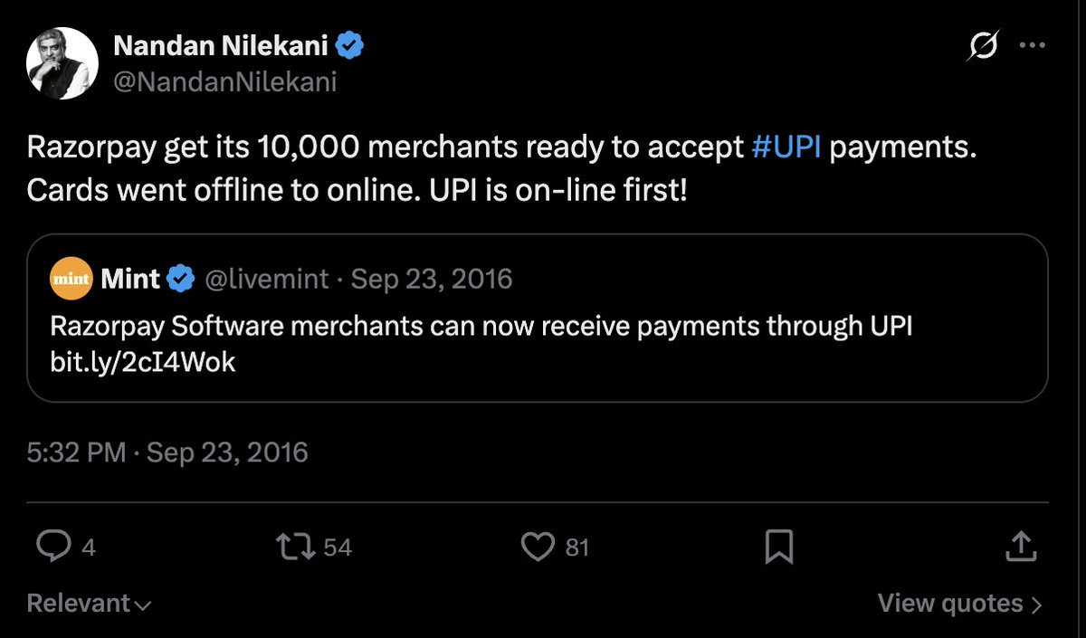 harshilmathur's tweet photo. In 2016, @UPI_NPCI was just getting started.
We chose to go all in early - making it accessible to every merchant on @Razorpay even before many banks were live.

Fast forward to today. UPI turns 10, and it has fundamentally reshaped India’s digital economy - from how consumers pay to how businesses are built.

Few technologies have scaled with this kind of speed, trust, and ubiquity. Credit to @RBI, @NPCI_NPCI, @dilipasbe, and the entire banking and fintech ecosystem.

The last decade changed how India transacts. The next decade will redefine what India builds on top of it 🇮🇳🚀