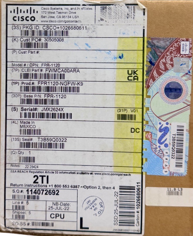 usgraphics's tweet photo. Cisco network appliance shipping label is insane. It has a security label on the right with a Golden Gate Bridge hologram and an interesting jagged edge encoding something. It's no ordinary label, presumably made by a company like KURZ: https://t.co/E2vfBvHqaO https://t.co/TalRcJjeWn