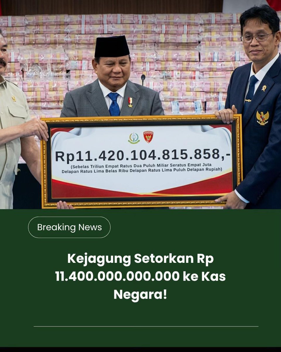 Rithanya37's tweet photo. Bukan cuma dihukum, tapi dikembalikan. Rp11,4 T kembali ke kas negara—hasil nyata untuk rakyat, bukan sekadar proses.

#UangRakyatKembali #HasilNyata #PenegakanHukum #EkonomiNasional #jagaindonesia https://t.co/OuABKeeTHH