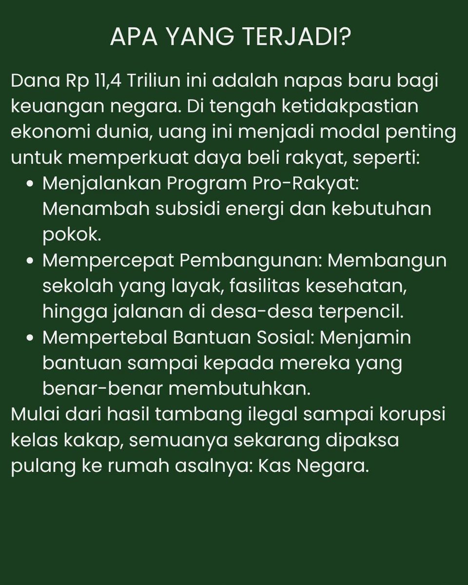 Rithanya37's tweet photo. Bukan cuma dihukum, tapi dikembalikan. Rp11,4 T kembali ke kas negara—hasil nyata untuk rakyat, bukan sekadar proses.

#UangRakyatKembali #HasilNyata #PenegakanHukum #EkonomiNasional #jagaindonesia https://t.co/OuABKeeTHH