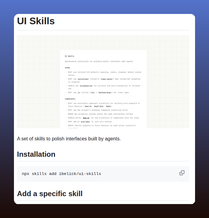 tom_doerr's tweet image. Polishes agent-built UIs with curated skills

github.com/ibelick/ui-ski…