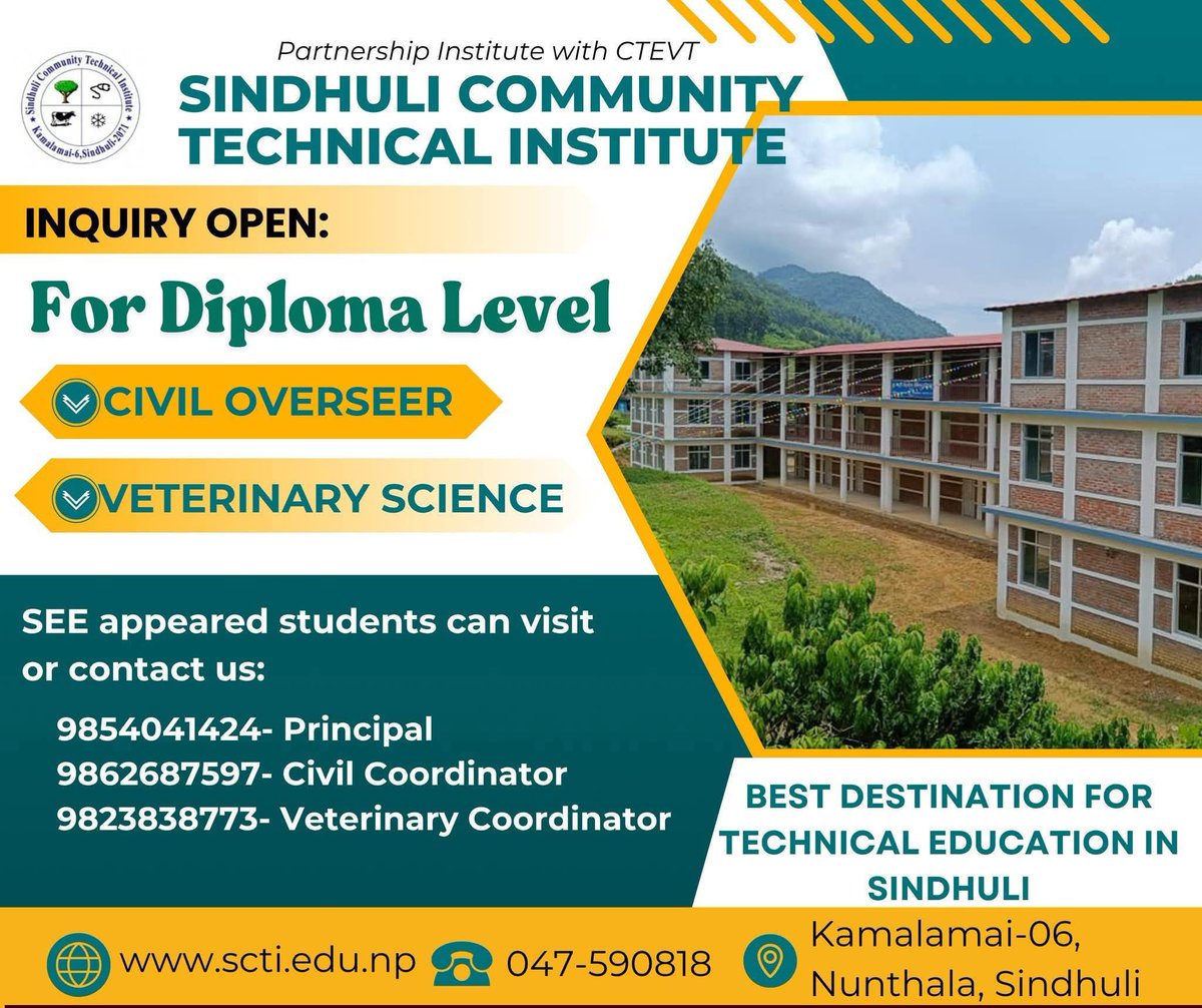 <a href="/binkancha/">sandwichfreak kancha</a> <a href="/Storycycle/">StoryCycle</a> <a href="/cjneupane/">Chiranjibi</a> <a href="/gurung_deepa/">Deepa Lem Gurung</a> <a href="/bishodip/">Bishodip</a> <a href="/anujrajd/">Anuj Raj</a> <a href="/ashish_gajurel/">Ashish Gajurel</a> <a href="/Bikash_PJ/">Bikash karki</a> <a href="/DandaGurung/">Danda Gurung</a> <a href="/Biswasdwivedi/">चुप चाप 😎</a> <a href="/amritna/">Narayan Amrit</a> <a href="/keeepram/">kEYruN aDhIkARi (Hari Prasad)</a> <a href="/tweetsudhan/">Sudhan Subedi 🇳🇵</a> <a href="/nepaltourismb/">Nepal Tourism Board</a> <a href="/KarnaliRiders/">कर्णाली राईडर्स</a> <a href="/Cycling_Embassy/">Dutch Cycling Embassy</a> <a href="/pracharyz/">Pushpa Raj Acharya</a> <a href="/Bhajumahesh/">Mahesh Shrestha</a> <a href="/nepalibabuu/">Bhuwan Thapa</a> <a href="/NepaliArmyHQ/">Nepali Army</a> <a href="/JanardanBaral/">Janardan Baral</a> <a href="/ppariyar/">Pradip Pariyar</a> <a href="/journoprk/">Parshuram Kaphle 🇳🇵</a> <a href="/MartinChautari/">Martin Chautari</a> <a href="/gbudhathoki/">Gajendra Budhathoki ♿</a> <a href="/Himal_Khabar/">Himal Khabar</a> <a href="/aashisjo/">Aashis Joshi</a> <a href="/anilkathmandu/">Anil Giri</a> <a href="/NewsGorkhapatra/">GorkhapatraOnline</a> <a href="/setopati/">Setopati</a> <a href="/KARESAorg/">KARESA</a> <a href="/kewalpb/">केवल किरण</a> <a href="/lahachhap/">Lahachhap Media</a> <a href="/AmPyakuryal/">Amod Pyakuryal</a> <a href="/prakashtimilsen/">Prakash C Timilsena</a> <a href="/thektmduke/">Aalok Subedi</a> <a href="/healingktm/">Healing Nepal</a> SEE दिएर बस्नुभएका विद्यार्थी तथा अभिभावकज्यूहरु
 प्राविधिक शिक्षाको लागी एकचोटी सिन्धुली सामूदायिक टेक्निकल इन्स्टिच्यूट भ्रमण वा  सम्पर्क गर्नु हुन् अनुरोध छ।