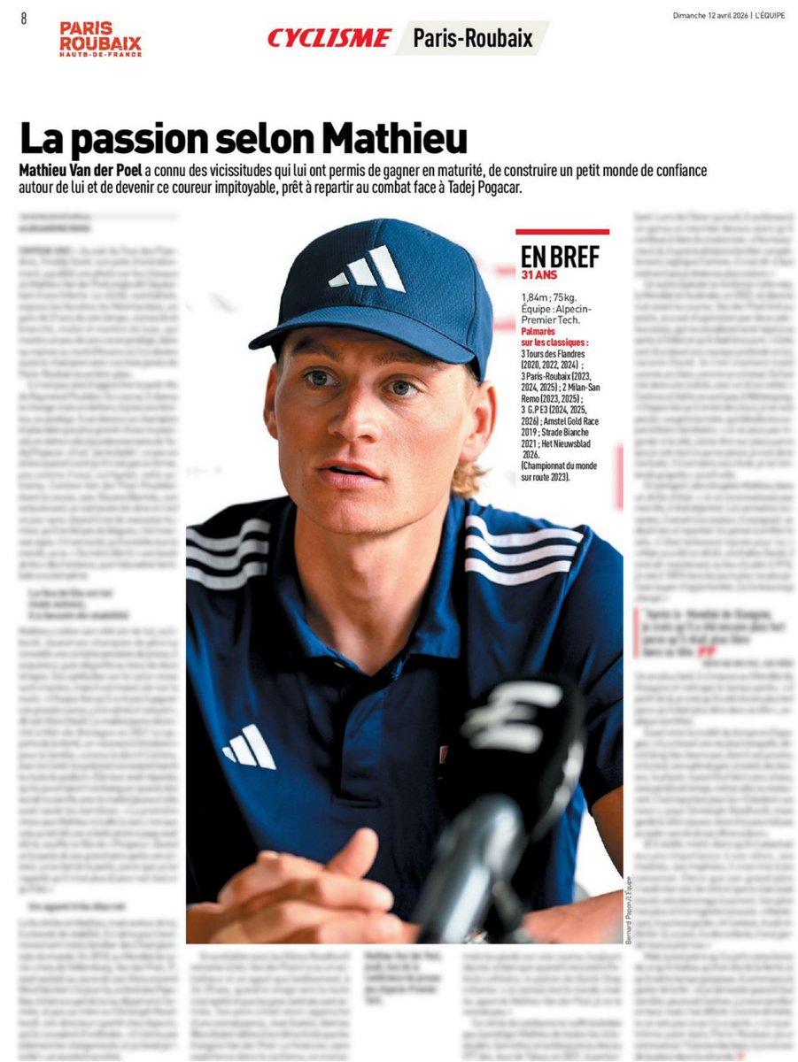 RenaudB31's tweet image. #ParisRoubaix 🪨 / #Média 📰
"Un tueur qui a gardé le côté joueur" : la passion selon 🇳🇱 Mathieu Van der Poel (APT), prêt à un nouveau combat face à 🇸🇮 Tadej Pogacar (UAD) lors de Paris-Roubaix.

📰 L'Équipe du 12/04