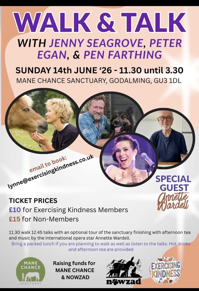 ExerciseKindnes's tweet photo. We are so excited to invite you to a "Walk &amp; Talk" event this June - supporting both @Nowzad, @manechance &amp; more.
Thanks to  @PeterEgan6 , @AnnetteWardell , @PenFarthing &amp; @springmeister.
Email Lynne to buy a ticket. Details below. https://t.co/DVtx6juNyD