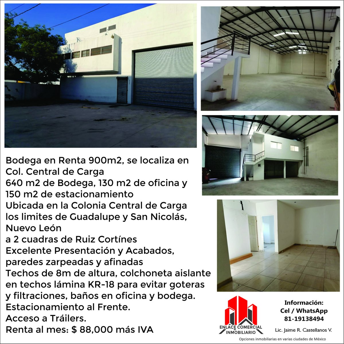 Se renta bodega en Col. Central de Carga / Guadalupe-San Nicolás NL / 900 m2 totales / $ 88 mil al mes más IVA
Más detalles al Cel/WhatsApp: 8119138494
Lic. Jaime Castellanos / Enlace Comercial Inmobiliario
En este enlace puede ir a nuestro WhatsApp:
api.whatsapp.com/send?phone=528…