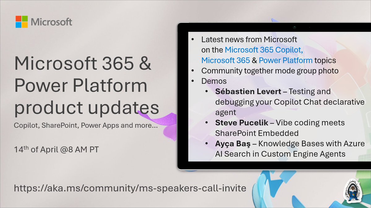 SharePoint's tweet image. 📅 Agenda for the #Microsoft365 &amp;amp; #PowerPlatform product updates call 14th of April

• The latest updates ⚡
• Focus on #Copilot, #SharePoint &amp;amp; #Agents
• Presented by @sebastienlevert, @pucelik &amp;amp; @aycabs

+more! 🚀

👋 Join the call → msft.it/6013QA8LZ