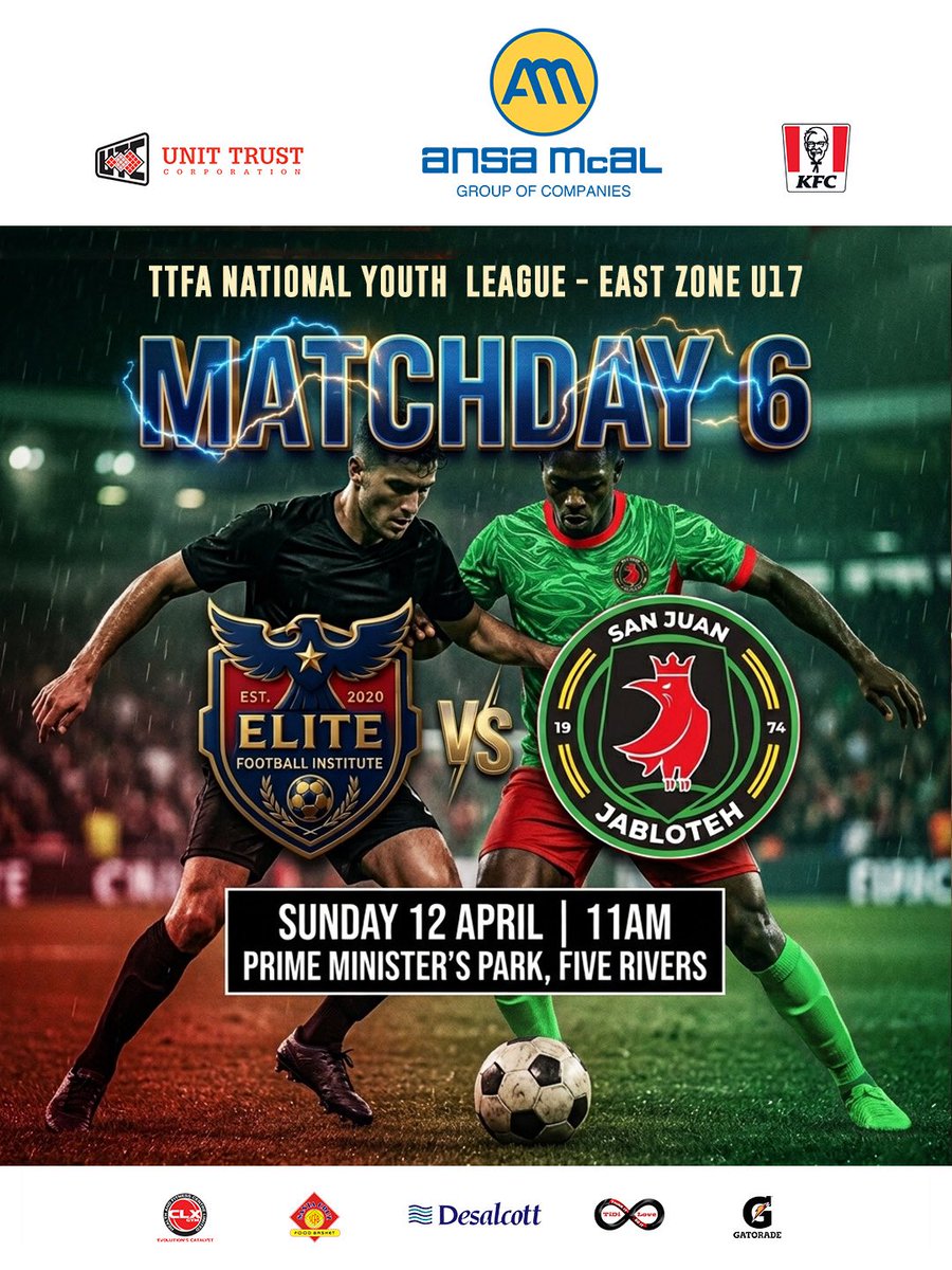 Jablotehtt's tweet photo. 🚨MATCHDAY 6 – UPDATED DETAILS🚨
🆚San Juan Jabloteh vs Elite Football Institute
🏆TTFA National Youth League – East Zone U17
📍Prime Minister’s Park, Five Rivers
⏰11 AM
📅Sunday, April 12
⚠️Time &amp; venue changed. Share this.
#WeAreJabloteh #TTFANYL #EastZoneU17 #EFISJJ https://t.co/VsMtHYxtZa