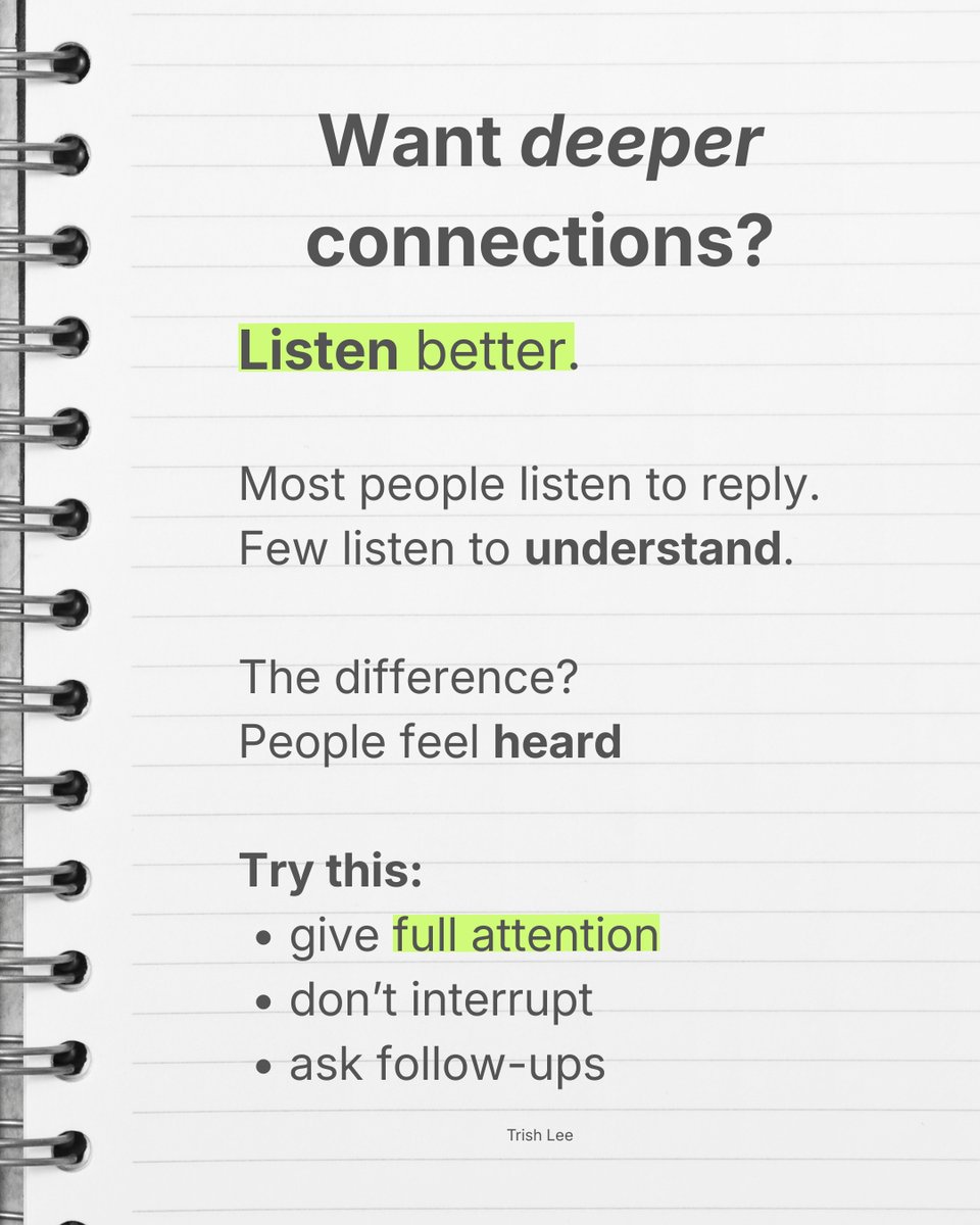 TrishRLee's tweet image. We don’t need better #stories to connect with people. We need better #LISTENING skills👂

When you’re in a #conversation, try listening a little longer than usual.
You might be surprised how much more people open up🧠✨

#trishlee #communicationskills #peopleskills #quotefortoday