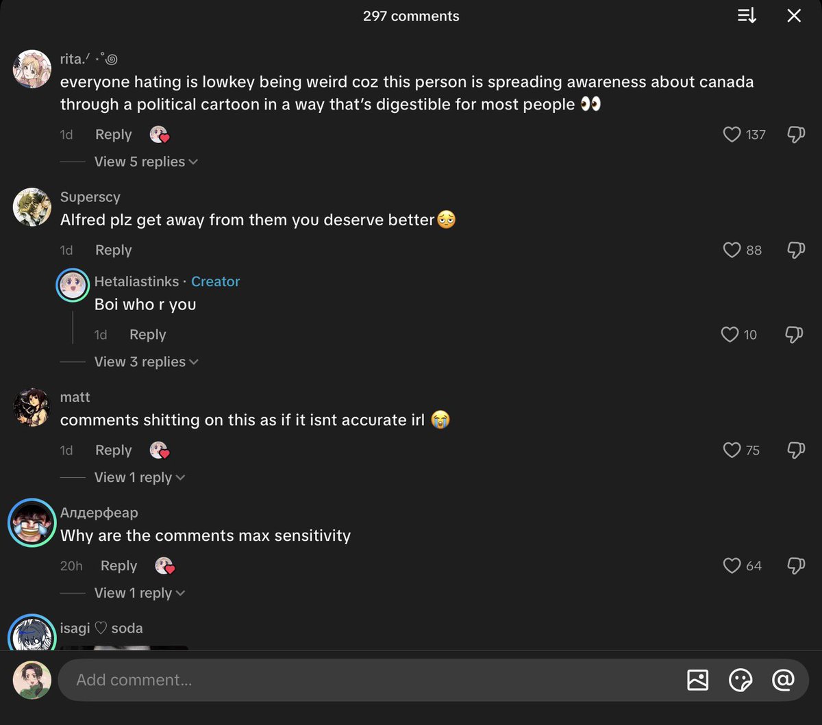 iloveyaowang's tweet photo. Hetalia fans genuinely gotta die bro 😂😂 the fact that this video has TEN THOUSAND likes so far is completely fucking disgusting. There’s not even like a deeper political statement to take away from this, this was PURELY made to be edgy and weird. People are getting killed- https://t.co/UKO99vBDJx