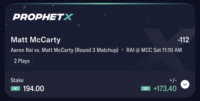 iQost's tweet image. Another Masters Free Play Round Matchup cash! 6 in a row!🏴‍☠️✅🔥🔥

Matt McCarty ML -112✅@PlayProphetX 

#GamblingX #FreePlays #Masters #Playerprops