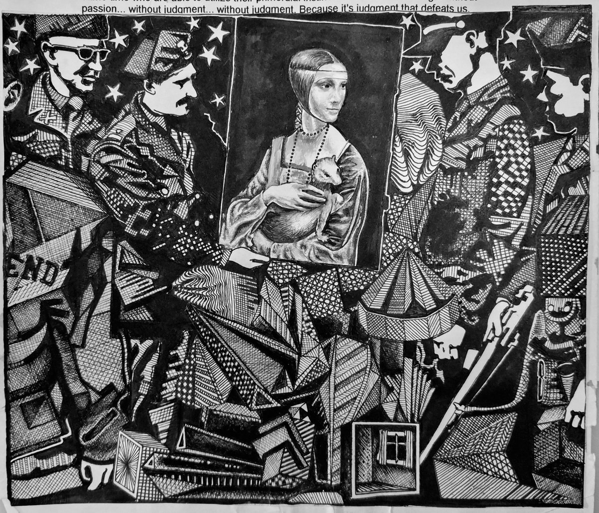 𝙩𝙝𝙚 𝙙𝙞𝙖𝙡𝙚𝙘𝙩𝙞𝙘 𝙤𝙛 𝙚𝙣𝙡𝙞𝙜𝙝𝙩𝙚𝙣𝙢𝙚𝙣𝙩 
ink, a4
The drawing is of a posed photo of a russian, a frenchman, an American g.i. and a british soldier, unpacking leonardo's 𝘭𝘢𝘥𝘺 𝘸𝘪𝘵𝘩 𝘢𝘯 𝘦𝘳𝘮𝘪𝘯𝘦 on a train platform from a stash of nazi loot