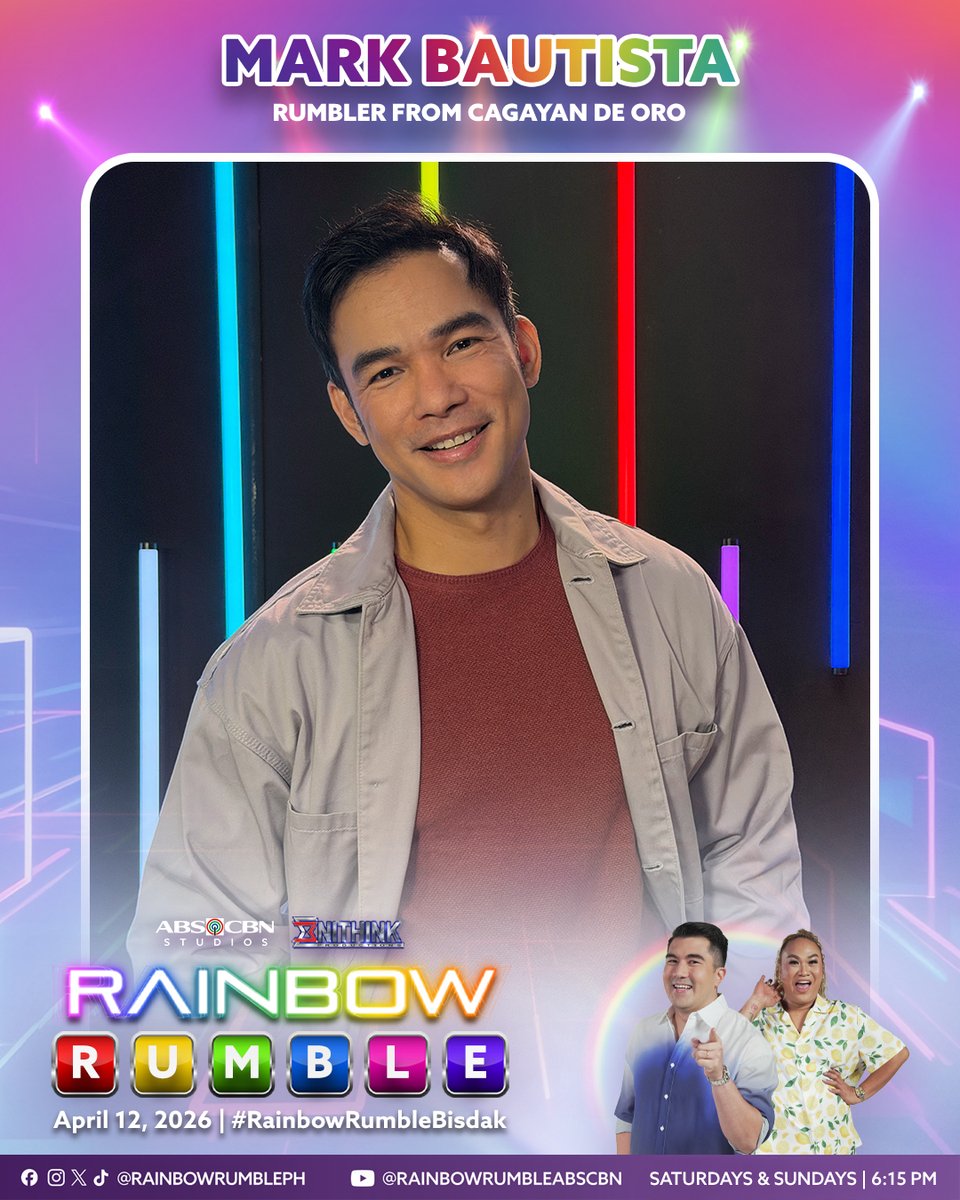 RainbowRumblePH's tweet photo. Handa ng sumabak sa laro si Mark Bautista mula Cagayan De Oro! #RainbowRumbleBisdak 🌈💪🏻

Abangan ang Bisdak Singers sa #RainbowRumble ngayong Linggo, 6:15PM sa ABS-CBN sa ALLTV2, Kapamilya Channel, Kapamilya Online Live, at A2Z. Mapapanood din sa iWant at TFC. https://t.co/78D0pJTN72