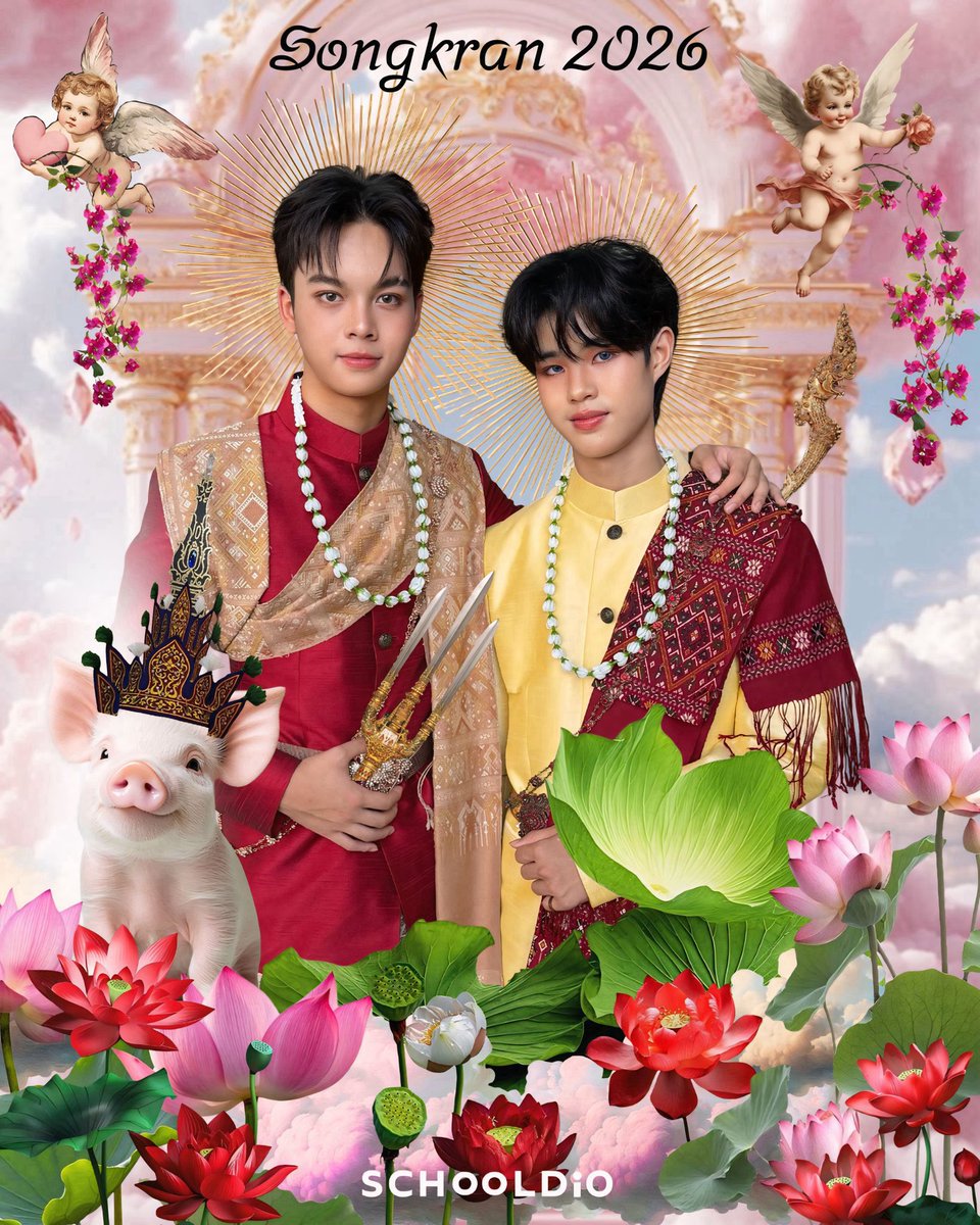 SCHOOLDIO23's tweet photo. Celebrating Thai New Year 2026. 🙏🏻🇹🇭✨
🪷 Happy Songkran everyone. 💦 
——————————————————
🪷 นายสงกรานต์
งดงามดั่งเทพบุตรแห่งสายน้ำ 🌊
พระหัตถ์ทรงถือ ตรีศูล และคันศร สื่อถึงการต่อสู้ ความแม่นยำ การกำหนดชะตา และความอุดมสมบูรณ์

#สงกรานต์ #schooldio 
#จอแจ้งพอร์ช 
#ชุดไทย #collage https://t.co/zBctuwwBAC