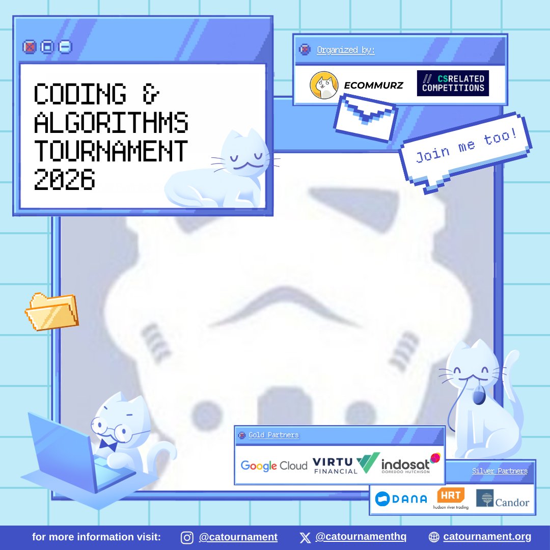yogist's tweet photo. I’m joining Coding &amp; Algorithms Tournament 2026

💰 IDR 135M Prize Pool
🤩 Backed by Google Cloud, Virtu Financial, Indosat Ooredoo Hutchison, DANA, HRT &amp; Candor Analytica

100% FREE
🔗 https://t.co/IMkLHJOyKX

#CAT2026 #CompetitiveProgramming @catournamenthq https://t.co/wv2nJGtBcL
