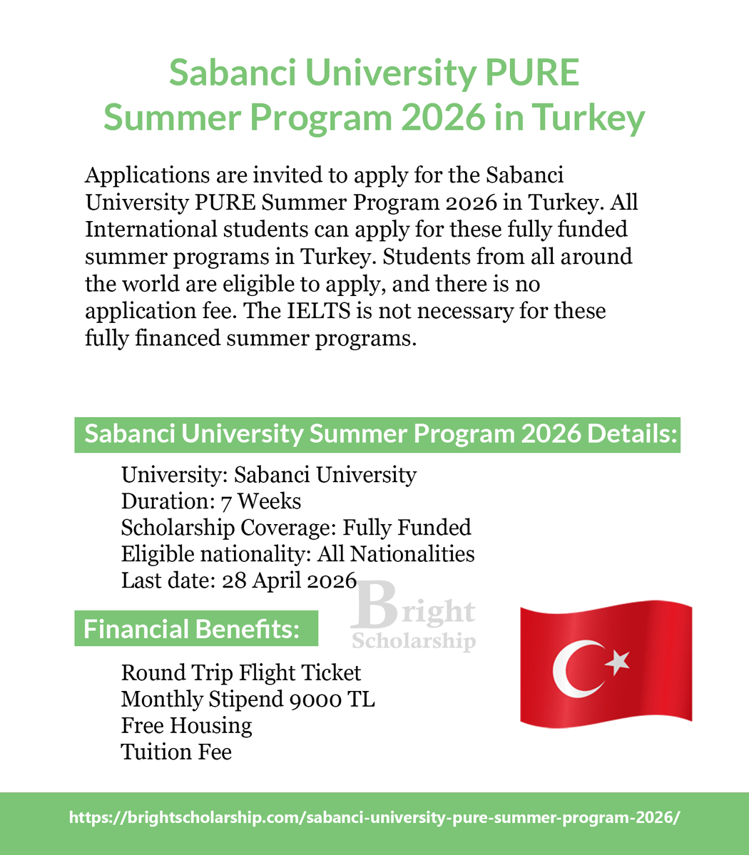 BrightSship's tweet image. Sabanci University PURE Summer Program 2026 in Turkey (Fully Funded)

Duration: 7 Weeks
Eligible nationality: All Nationalities
Award country: Turkey
Last date: 28 April 2026

Apply Link: brightscholarship.com/sabanci-univer…

#BrightScholarship #FullyFunded #SummerProgram #Turkey