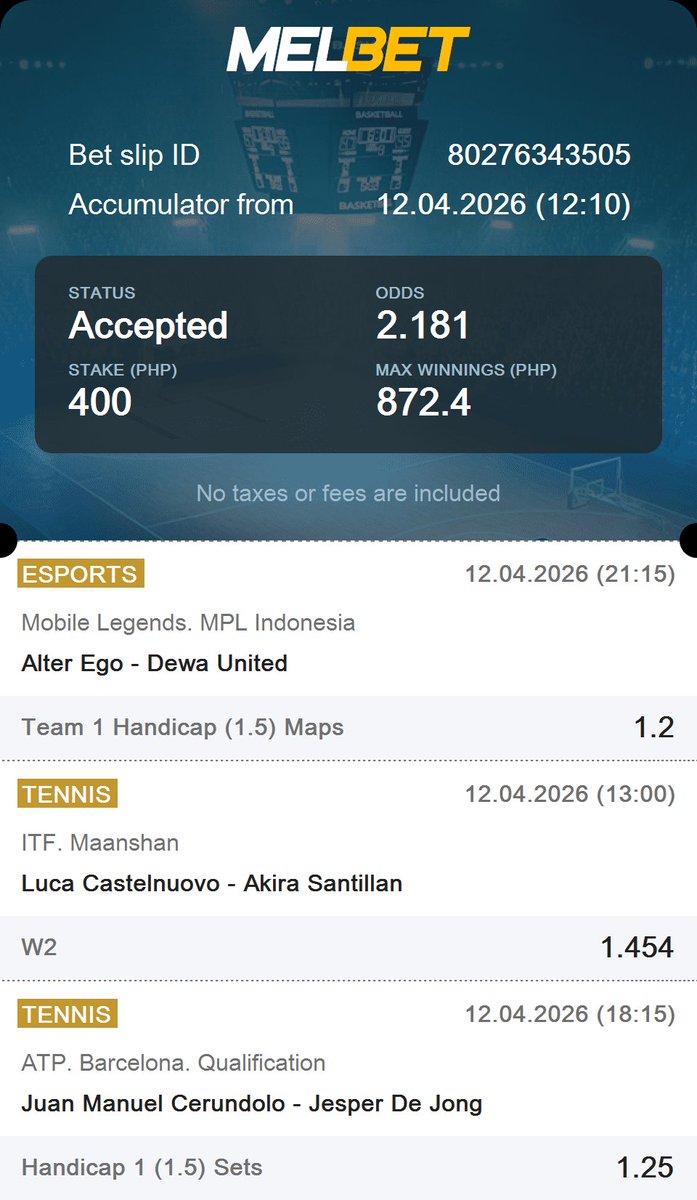 majorjp16's tweet photo. 🔥 SUNDAY ACCA IS LIVE! 🔥Targeting a solid 2.18x return for today’s mix of Esports and Tennis action. 📈

🎮 MPL ID: Alter Ego (+1.5 Maps)
🎾 ITF Maanshan: Akira Santillan
🎾 ATP Barcelona: J.M. Cerundolo (+1.5 Sets)

Stake: 400 PHP ➡️ Potential: 872.4 PHP

#bettingtips https://t.co/KkcusJPYhK