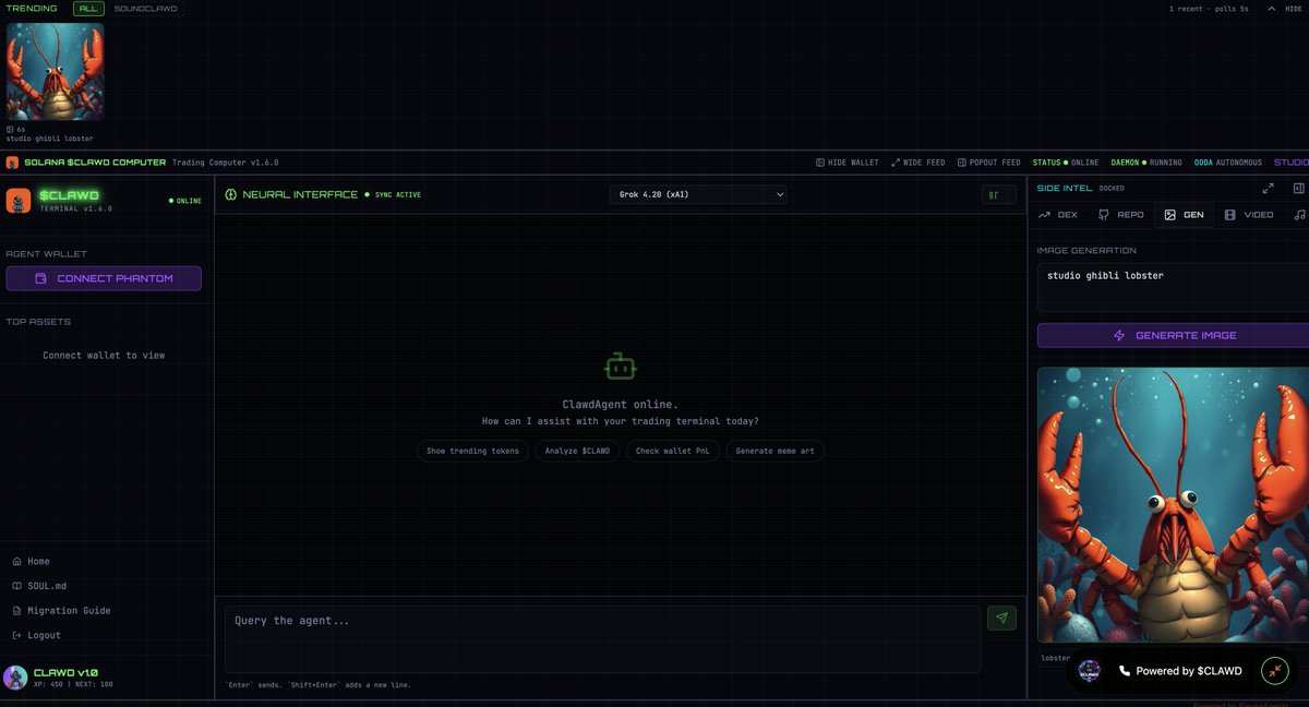 Eureka!!!!!

We now have a live art feed and SoundCLAWD.

Powered by $CLAWD on <a href="/solana/">Solana</a>.

Terminal.SolanaClawd.com