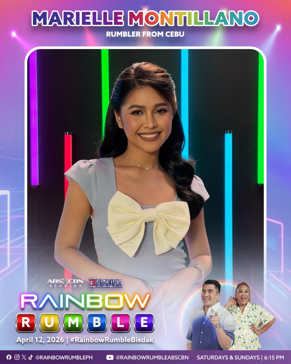 RainbowRumblePH's tweet photo. Marielle Montillano ng Cebu, rarampa at sasabak na sa laro! #RainbowRumbleBisdak 🌈💪🏻

Abangan ang Bisdak Singers sa #RainbowRumble ngayong Linggo, 6:15PM sa ABS-CBN sa ALLTV2, Kapamilya Channel, Kapamilya Online Live, at A2Z. Mapapanood din sa iWant at TFC. https://t.co/TQov9iwJFR