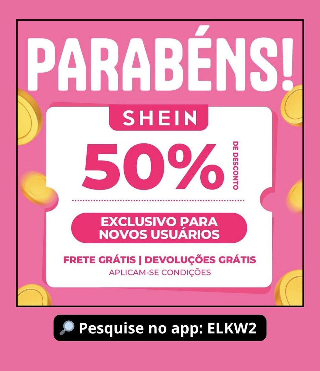 ltsnasku's tweet photo. Cupom Shein com 50%: Digite ELKW2 ou clique aqui: https://t.co/2GGHSRkw8Q

Crie uma nova conta e use o cupom pelo link ou g pesquisando o cód. na barra de busca do aplicativo. https://t.co/Iqs49SAMA4