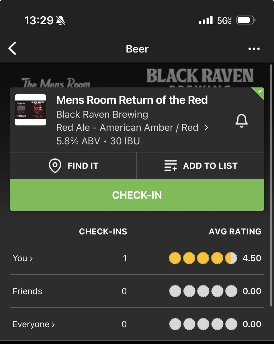 khouzam's tweet photo. Looks like I was the first to rate the @MensRoomLive Return of the Red from Black Raven Brewing. Quite a nice brew! @999KISW https://t.co/Mn3od5n1Ze