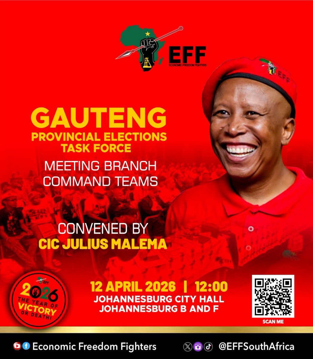 EFFSouthAfrica's tweet image. ♦️Happening Today♦️

The President and Commander in Chief @Julius_S_Malema will address the Johannesburg Subregions B and F Branch Command Teams today at 12H00. 

#RegisterToVoteEFF  In The 2026 Local Government Elections On The Following Link: registertovoteeff.org.za