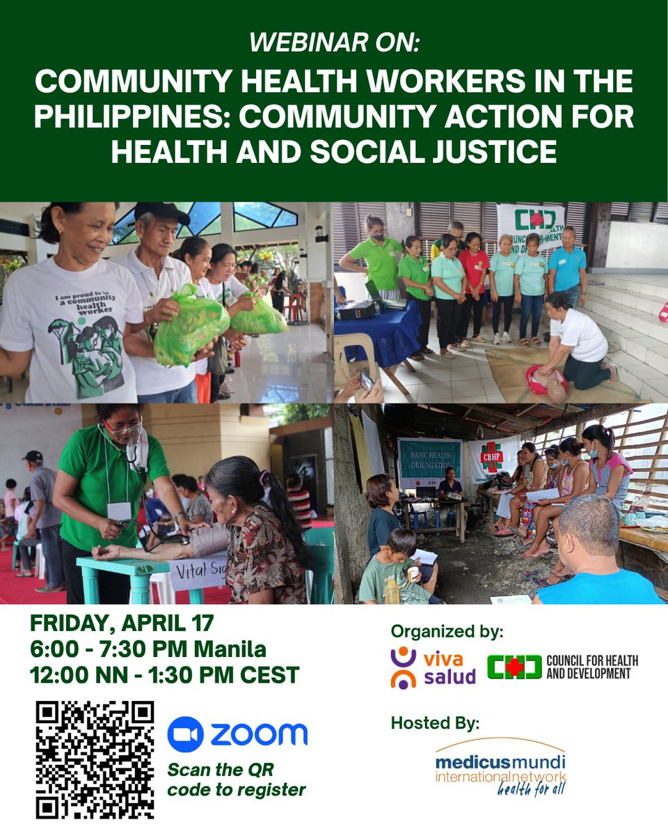 cprh_ph's tweet photo. Join us on Friday, April 17 6:00 - 7:30 PM Manila time on a webinar on Community Health Workers in the Philippines: Community Action for Health and Social Justice organized by Viva Salud and Council for Health and Development, hosted by Medicus Mundi International! https://t.co/BkPS5fInLo