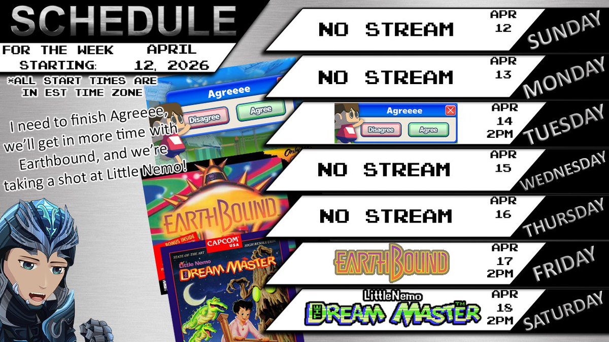 RKMusou's tweet photo. Sneaking in a quick schedule post before bed!

Tues, Agreeee
Fri, Earthbound
Sat, Little Nemo the Dream Master

Might sneak in a quick random stream on Monday, but no promises.

Have a great week!

https://t.co/EkZJ44xiXJ
https://t.co/sabGOclOmn
#ENVtuber #Vtuber #VTuberEN https://t.co/DAwBhlWdoc