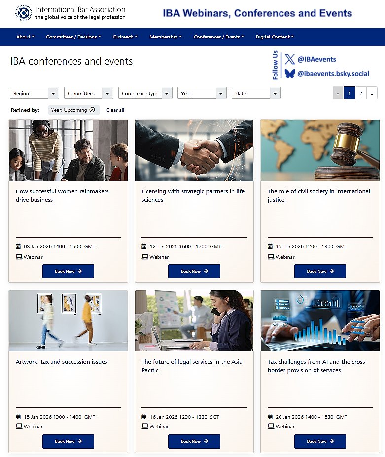 IBAevents's tweet image. Visit the IBA Events 'Conference diary' page on our website  - The best place to find out more about our 2026 #lawyers webinars, virtual conferences and events! 

🔸 Book your place at one of our events today tinyurl.com/IBAEventsConfe…

#Law