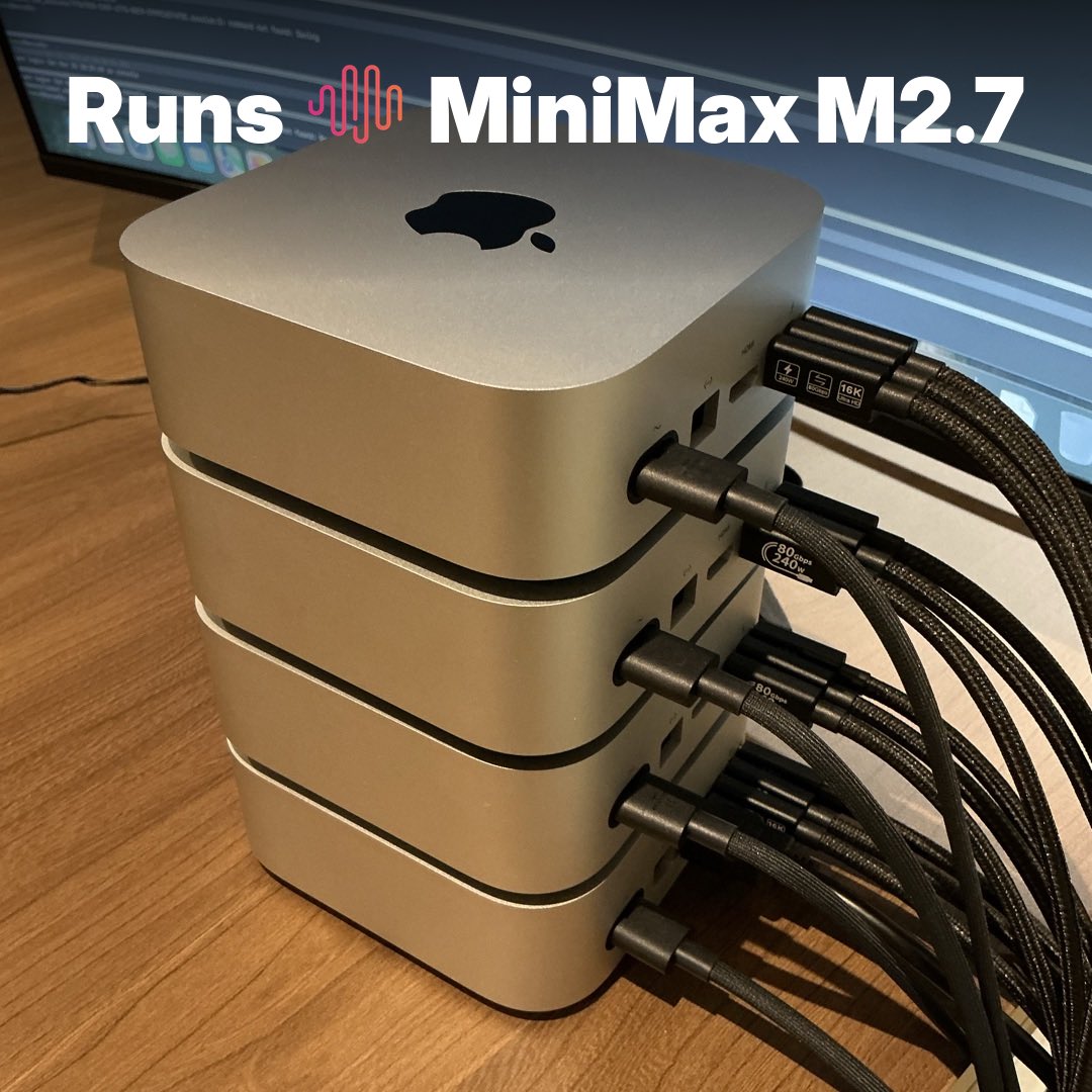 exolabs's tweet image. Excited to share that we have day-0 support for MiniMax M2.7 in exo.

Supports RDMA / tensor parallelism for ~linear scaling with mac clusters.

Some setups you can run it on:
- 4 x 64GB M4 Pro Mac Mini
- 2 x 128GB M5 Max MacBook Pro
- 2 x 128GB M4 Max Mac Studio