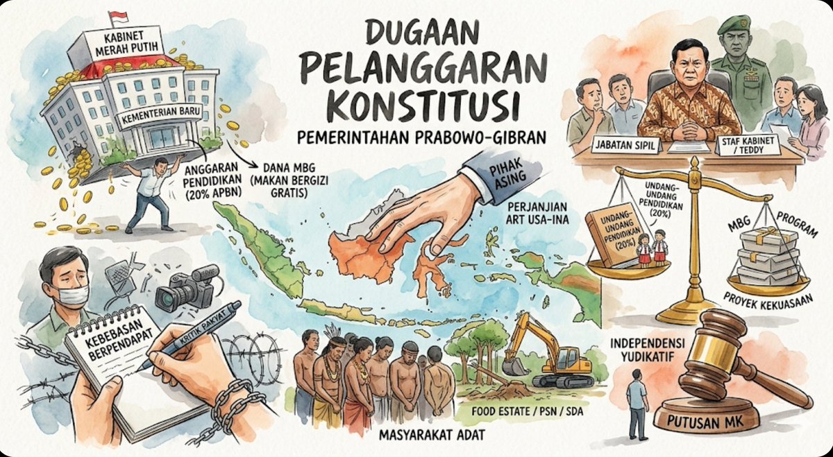 ethadisaputra's tweet photo. Banyak orang bertanya, ke mana arah hukum kita sekarang? Sebagai orang yang sudah empat dekade bergulat di dunia hukum dan jurnalistik, saya melihat ada yang tidak biasa. Ada kegelisahan yang nyata.

Konstitusi itu bukan sekadar teks. Ia adalah napas bernegara. Namun, catatan kritis dari berbagai sudut menunjukkan ada sekian banyak lampu kuning yang menyala.

Sorotan Utama: Etika dan Aparatur

Tentara Aktif Masuk Sipil: Kasus Mayor Teddy menjadi pemicu diskusi hangat. Menaruh perwira aktif di jabatan sipil tanpa pensiun itu menabrak UU TNI dan prinsip civilian supremacy.

Kabinet yang Terlalu Besar: Struktur kementerian yang membengkak luar biasa. Selain boros budget, ini dianggap mereduksi semangat efektivitas pemerintahan yang diatur undang-undang.

Rangkap Jabatan: Masih adanya menteri atau wakil menteri yang memegang posisi di tempat lain. Ini resep jitu untuk conflict of interest.

Nepotisme dan Dinasti: Penunjukan posisi strategis yang lebih kental aroma kekerabatan daripada meritokrasi. Ini melukai rasa keadilan publik.

Persoalan Anggaran dan Kedaulatan

Anggaran Pendidikan yang "Disunat": Pasal 31 UUD 1945 itu tegas: 20% APBN untuk pendidikan. Mengambil porsi itu untuk program Makan Bergizi Gratis (MBG) adalah ijtihad hukum yang sangat berisiko dan bisa dianggap inkonstitusional.

Perjanjian Internasional Tanpa DPR: Penandatanganan dokumen strategis (seperti ART USA-INA) yang tidak melalui ratifikasi parlemen. Padahal, urusan kedaulatan dan beban uang rakyat wajib seizin rakyat via DPR.

Gabung-Menggabung Badan Operasional: Konsolidasi BoP secara sepihak oleh eksekutif tanpa konsultasi anggaran dengan legislatif.

Resentralisasi Kekuasaan: Kewenangan daerah yang pelan-pelan ditarik kembali ke pusat. Semangat otonomi daerah sedang diuji berat.

Integritas Lembaga dan Hak Sipil

Pansel KPK "Warisan": Memaksakan hasil seleksi dari pansel bentukan presiden lama yang dianggap mencederai independensi lembaga sesuai putusan Mahkamah Konstitusi.

DPR yang Terlalu "Adem": Koalisi besar membuat fungsi check and balances macet. DPR kini lebih terlihat seperti tukang stempel kebijakan eksekutif.

Independensi Hakim: Munculnya kekhawatiran adanya "titipan" atau tekanan politik terhadap para penjaga gawang konstitusi di peradilan.

Legislasi Super Cepat: Undang-undang dibuat secepat kilat tanpa meaningful participation. Rakyat hanya diberi tahu setelah jadi, bukan dilibatkan saat proses.

Kebebasan Berpendapat yang Menyempit: Masih dipakainya pasal-pasal karet untuk membungkam kritik di media sosial.

Sengketa Lahan dan Masyarakat Adat: Atas nama Proyek Strategis Nasional (PSN), hak-hak konstitusional masyarakat adat sering kali terpinggirkan.

Politik Bansos: Penggunaan dana perlindungan sosial yang aromanya lebih kental untuk penguatan legitimasi politik daripada murni urusan kemanusiaan.

Akses Informasi yang Tertutup: Sulitnya publik mengakses dokumen negara yang sifatnya strategis, dari kontrak infrastruktur hingga naskah akademik kebijakan.

Erosi Independensi Lembaga Ad Hoc: Pelemahan lembaga seperti Komnas HAM atau KPK melalui regulasi yang mengurangi otonomi mereka.

Penyimpangan Ekonomi Rakyat: Pengelolaan sumber daya alam yang makin menjauh dari amanat Pasal 33 UUD 1945, di mana korporasi besar lebih dominan ketimbang kemakmuran rakyat luas.

Kedaulatan Pangan yang Semu: Kegagalan proyek food estate yang justru merusak lingkungan tanpa memberikan dampak kesejahteraan bagi petani lokal.

Mandat Reformasi yang Terabaikan: Tidak adanya progres nyata dalam penyelesaian kasus-kasus pelanggaran HAM masa lalu, seolah-olah sejarah ingin diputihkan begitu saja.

Daftar ini tentu akan terus bertambah seiring berjalannya waktu. Bagi saya, menjaga konstitusi bukan soal suka atau tidak suka pada sosok pemimpin, tapi soal menjaga rumah besar bernama Indonesia agar tidak roboh karena fondasinya digerogoti sedikit demi sedikit.

Oleh: E. T. Hadi Saputra