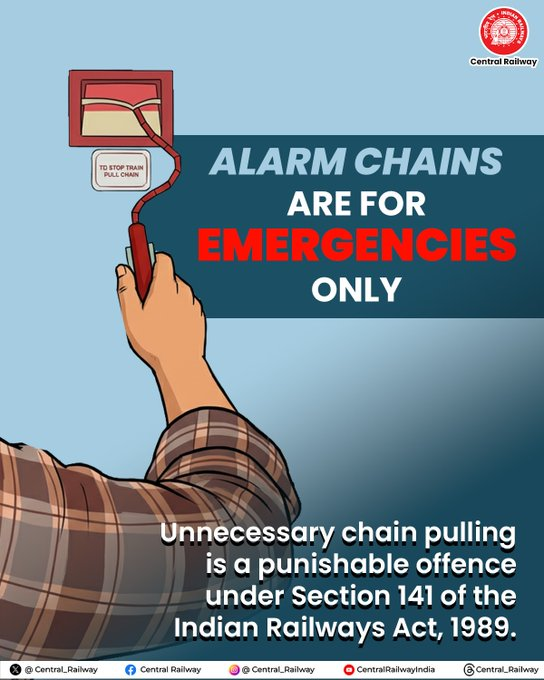 drmmumbaicr's tweet photo. 🚆Travel Responsibly, Use the Alarm Chain Wisely!
🚨Use the alarm chain only in real emergencies🚨
#AlarmChainPulling #ResponsibleRailYatri
@Central_Railway @YatriRailways