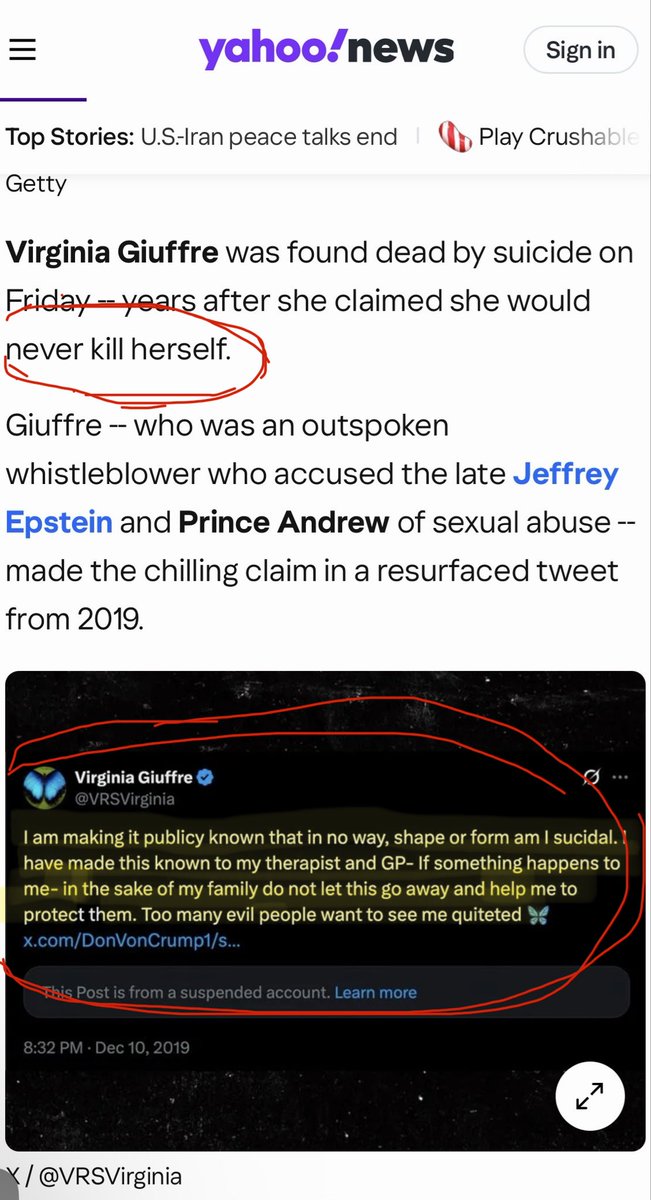 BSurkis's tweet photo. @MSNOW_Reports @CBSNews @ABCWorldNews @FoxNews @TYT @TYTPolitics @StatusCoup  Can we all stop saying @VRSVirginia Giuffre unalived herself like it’s a matter of fact? Many people including J.E .“died”when in reality they were silenced! Dont  be a sheep, ask questions, do better! https://t.co/ihVC8LcCm5