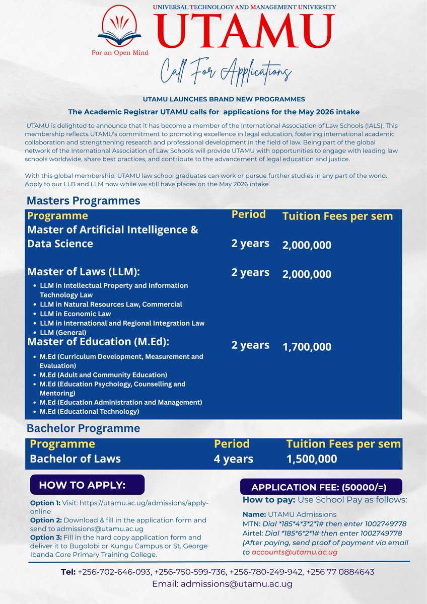 utamu_uni's tweet photo. UTAMU is delighted to announce that it has become a member of the International Association of Law Schools (IALS) https://t.co/wY03OdCfO6. This membership reflects UTAMU’s commitment to promoting excellence in legal education, fostering international academic collaboration and strengthening research and professional development in the field of law. Being part of the global network of the International Association of Law Schools will provide UTAMU with opportunities to engage with leading law schools worldwide, share best practices, and contribute to the advancement of legal education and justice.   With this global membership, UTAMU law school graduates can work or pursue further studies in any part of the world. Apply to our LLB and LLM now while we still have places on the May 2026 intake.
@UTAMU_News
@baryamureeba
@LawStudentsUg
@Utamuls