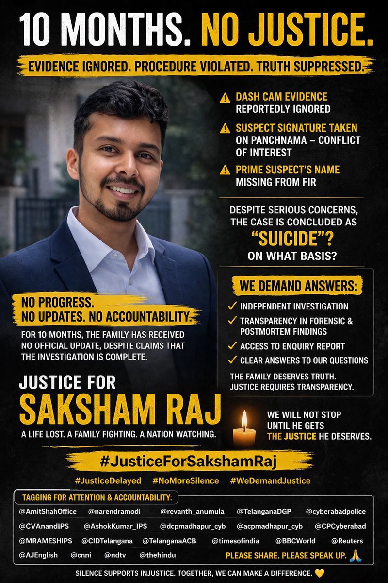 Sheelaksharma's tweet photo. @psraidurgam_cyb #shame #negaligance #tanasahi #norespectforLaw
Despite of case has been escalated to @CPCyberabad @PMOIndia they have still not taken any action, no statement from family members, parents
#shameonthetelanganapolice
Signature from suspect on punchnama
No accountability to check on CCTV and Dashcam
#JusticeForSakshamraj
@Collector_HYD @CollectorRRD
@Reuters @BBCWorld @AJEnglish @timesofindia @cnni
@cyberabadpolice
@AmitShahOffice @narendramodi @MaheshBhagwat95 @revanth_anumula @psraidurgam_cyb @TelanganaDGP @AshokKumar_IPS @dcpmadhapur_cyb
@CVAnandIPS @acpmadhapur_cyb @CPCyberabad @MRAMESHIPS