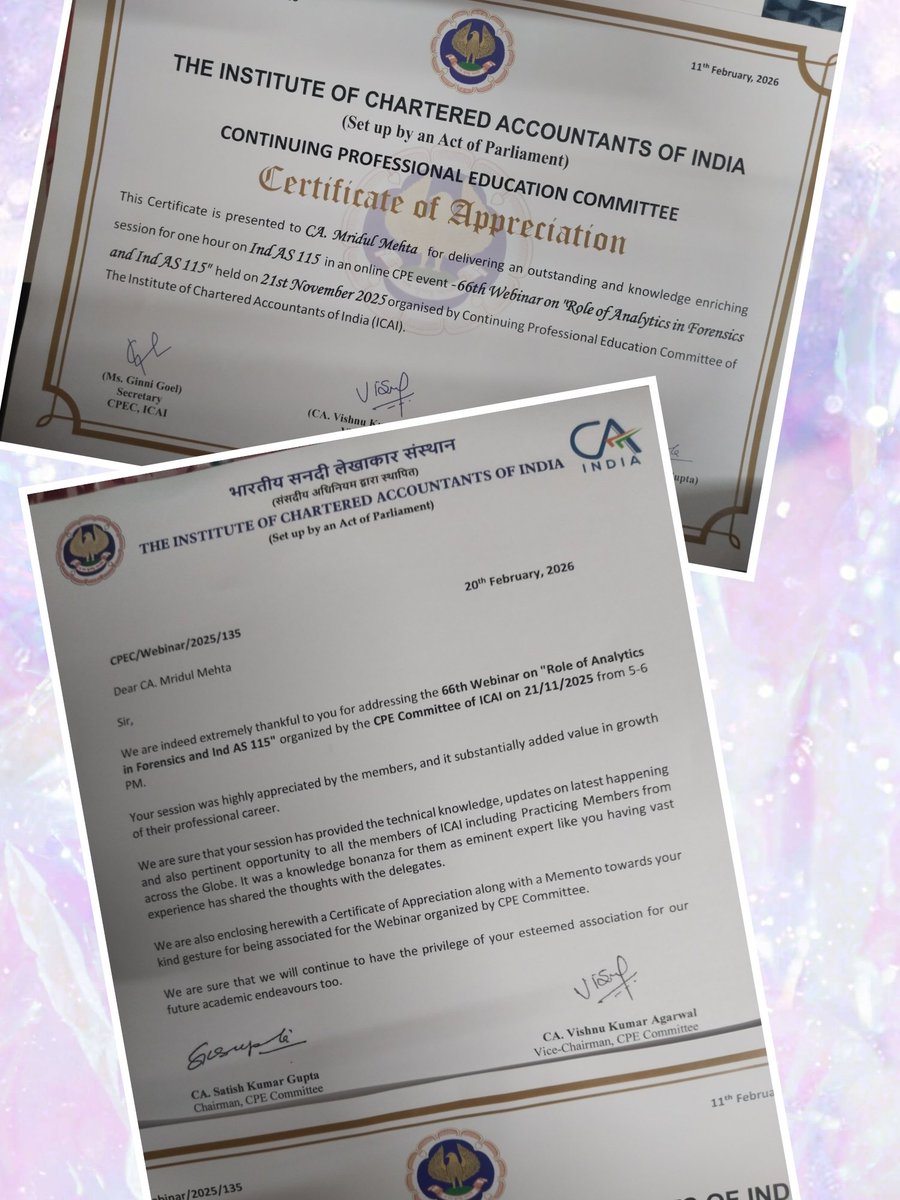 camridulmehta's tweet image. Grateful to ICAI for the appreciation certificate for conducting a webinar on “Role of Analytics in Forensic Audit &amp;amp; Ind AS.”
Honoured to contribute and share insights with the professional community. Looking forward to more such opportunities.
#ICAI #Gratitude #ForensicAudit