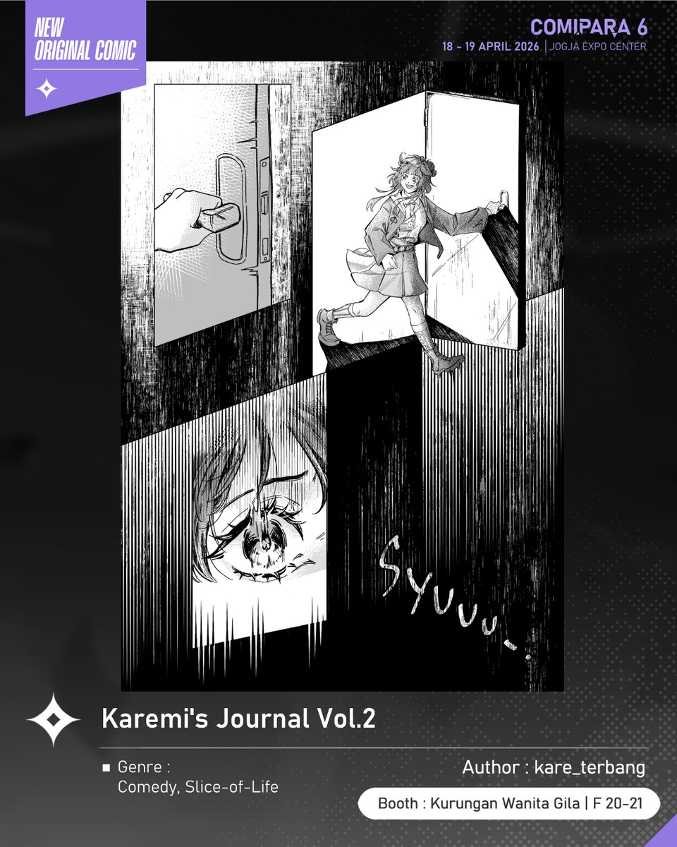 comipara_id's tweet image. [COMIC RAID]
Author: kare_terbang
Booth: F 20-21  -  Kurungan Wanita Gila

Kali ini ada komik karya Kak kare_terbang, berjudul "Karemi's Journal Vol.2" yang akan dijual di Comipara 6 besok lho!

Sampai ketemu!✨

Comipara 6
18-19 April 2026
Jogja Expo Center

#comicraid6