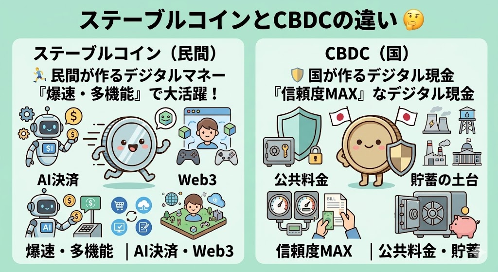 RewardyJapan's tweet photo. ステーブルコインとCBDCの違いって知ってる？🤔
例えるなら、こんな「性格」の違いがあるんだよ！

🏃‍♂️ ステーブルコイン：民間が作る「爆速・多機能」なデジタルマネー。AI決済やWeb3で大活躍！
🛡️ CBDC：国が作る「信頼度MAX」なデジタル現金。公共料金の支払いや貯蓄の土台に。
#Web3 #ウォレット #リワーディ・ウォレット
