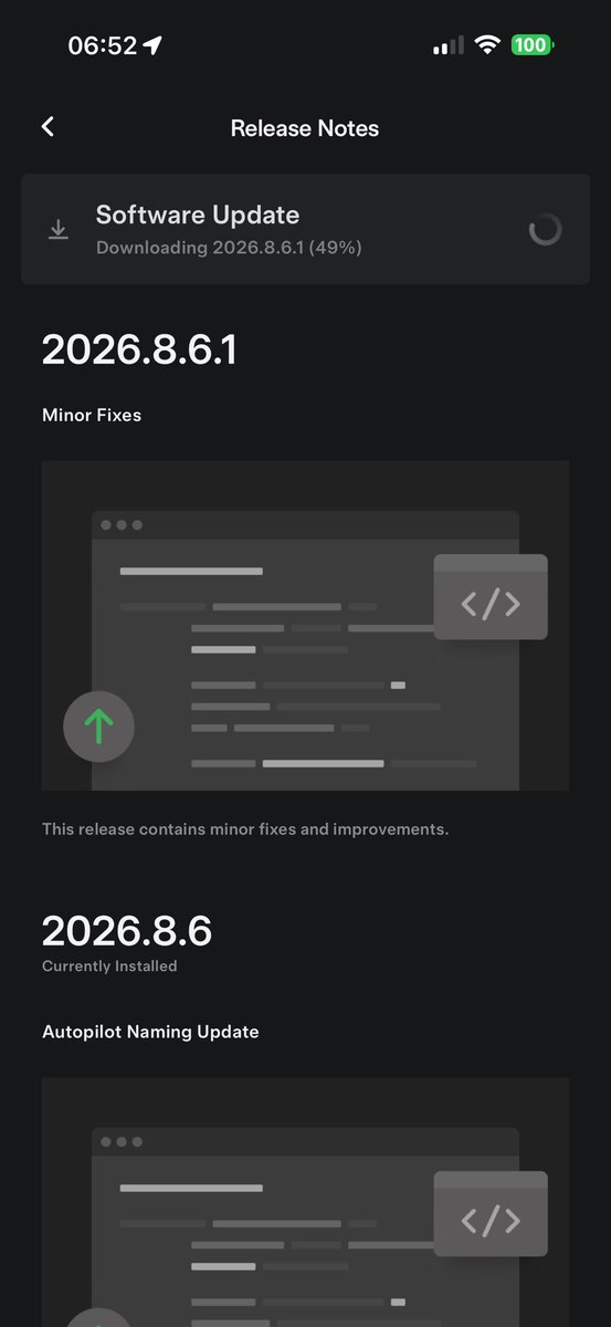BladeXyber's tweet photo. 2026.8.6.1 “Minor fixes”. It didn’t even ask me if I wanted to download it. It just went for it $TSLA #Tesla #MY #HW3 #UK https://t.co/Ar6kLubOLm