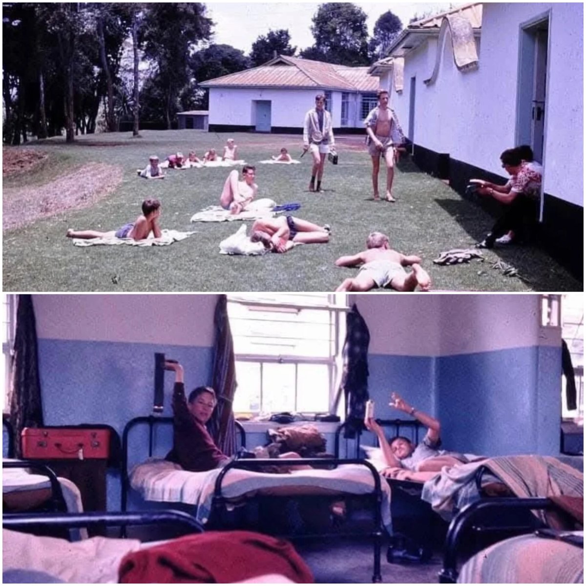 kenyasgossips's tweet photo. Students at Lenana School, then known as Duke of York, sunbathing on the lawns and relaxing in their dormitory in 1957.

The institution, founded in 1949, had a unique beginning. Kenya's then Governor, Sir Philip Mitchell, temporarily left State House and relocated to Ngong, allowing the first group of students to stay in the residence as their dormitory while the school buildings were still under construction.

At the time, the school admitted only white students until 1960. Staff were hired to take care of cleaning and laundry, while students were served well-prepared meals such as pizza, roast lamb, and cupcakes, all made under strict dietary standards.