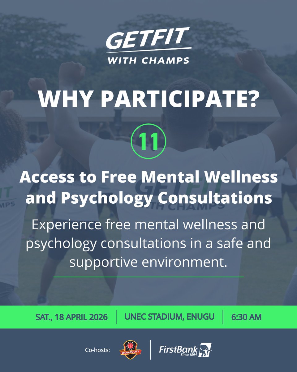 ChampsCity's tweet image. Would you rather miss an opportunity to receive a free mental wellness and psychology consultation at GETFIT WITH CHAMPS?

Join us on Saturday, 8 April 2026, at the UNEC Stadium in Enugu.

#health #wellness #getfit #mentalhealth