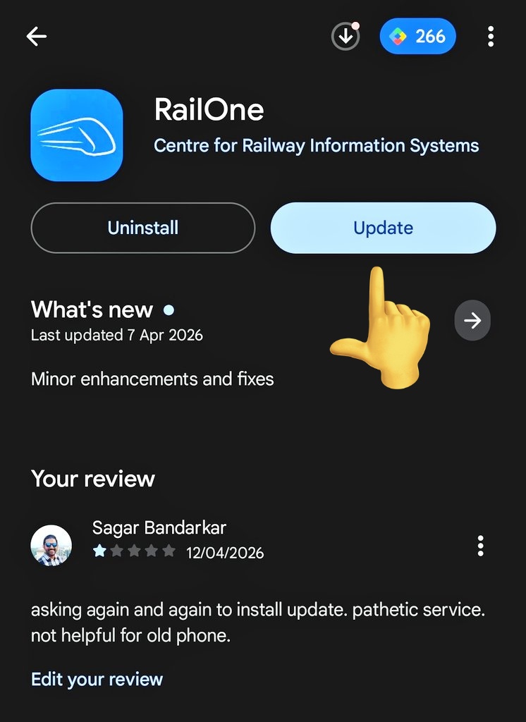 bandarkarsagar's tweet photo. @RailwaySeva @Central_Railway @AshwiniVaishnaw plz consider this review. Why asking for update again again? https://t.co/FC517rT7wA