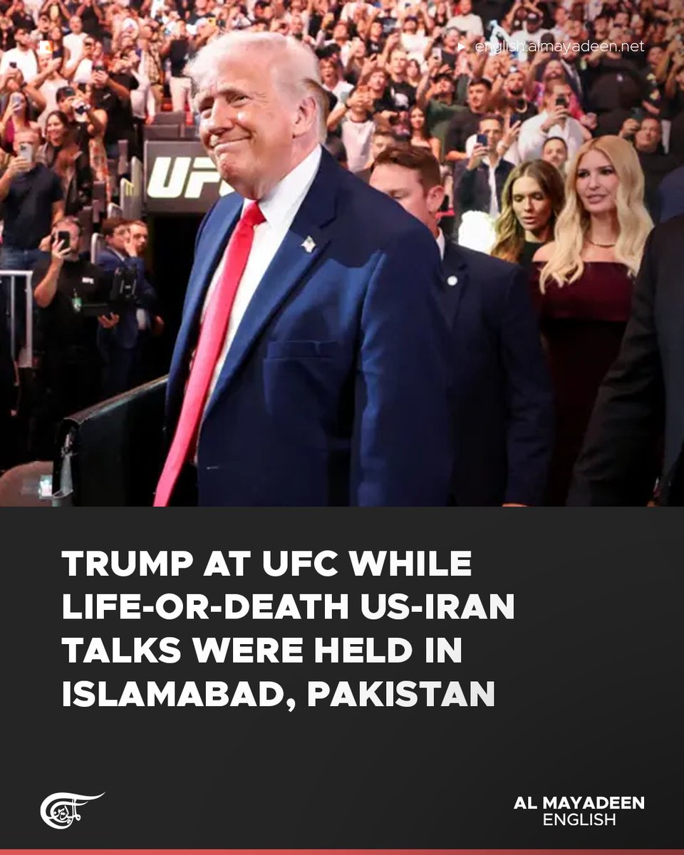 MayadeenEnglish's tweet image. As high-stakes negotiations were underway in Islamabad over ending the #US-Israeli war on Iran, US President Donald Trump was seen attending a #UFC fight in Miami alongside Secretary of State Marco Rubio and members of his family.

Despite the optics, Vice President JD Vance