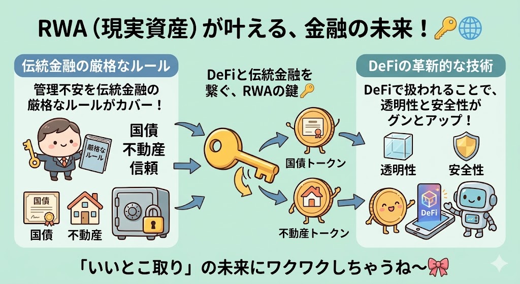 RewardyJapan's tweet photo. 最近話題の「RWA（現実資産）」こそ、金融機関とDeFiの融合の鍵！🔑🌐
国債や不動産といった現実の価値がトークン化されてDeFiで扱われることで、透明性と安全性がグンとアップ。
「誰が管理しているかわからない」不安を、伝統金融の厳格なルールがカバーする。そんな「いいとこ取り」の未来にワクワクしちゃうね〜🎀
#Web3 #ウォレット #リワーディ・ウォレット