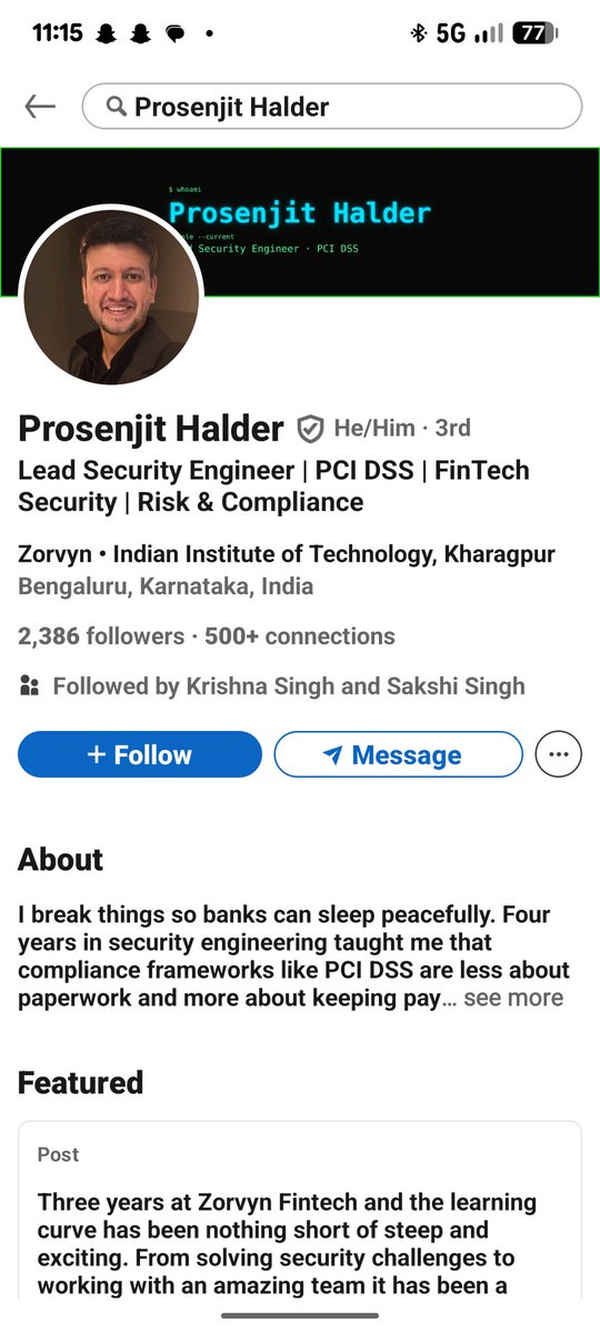 dev_priyanshu15's tweet photo. 🚨 SCAM ALERT — @Zorvyn is FAKE
Their "CISO Jhumpa Ghosh" = Aayushi Jain (Delhi Mind Coach)
Their "Security Engineer Prosenjit Halder" = Ankit Trivedi (Facebook)
Stolen photos. Fake LinkedIn profiles. Fake company.
DO NOT trust them. DO NOT invest.
#ScamAlert #Zorvyn #FakeCompany https://t.co/rXGx4p6OE5